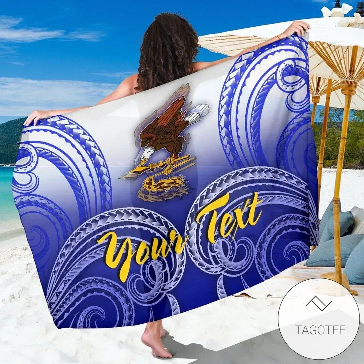 American Samoa Polynesian Custom Personalised Personalized Sarong Bald Eagle Blue Hawaiian Pareo Beach Wrap
