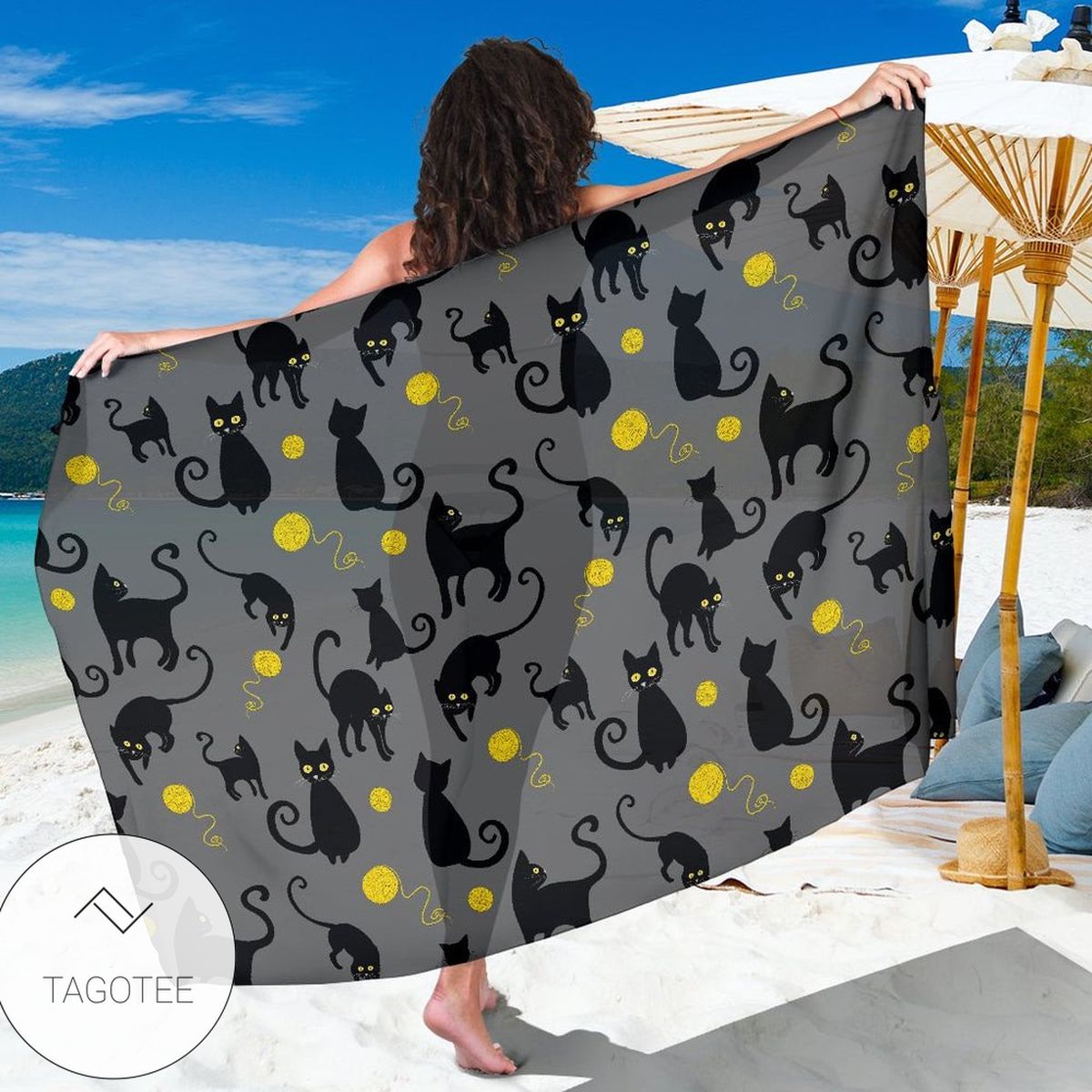 Black Cat Yellow Yarn Print Pattern Sarong Womens Swimsuit Hawaiian Pareo Beach Wrap