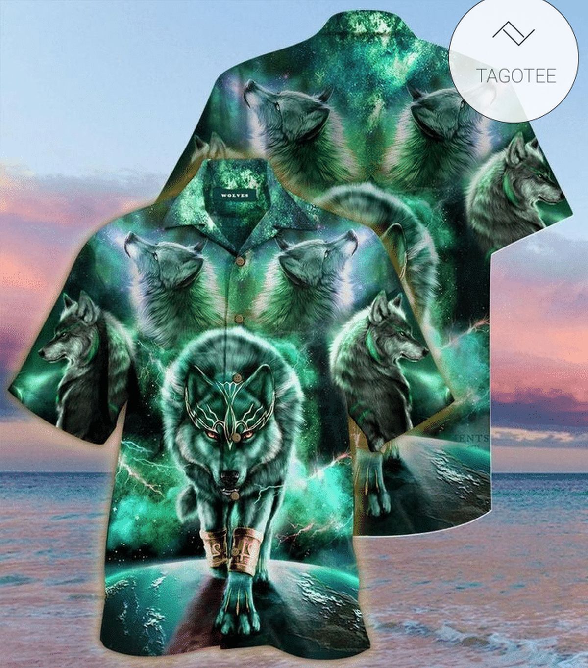 Green Galaxy Wolf 3D Print Polyester Hawaiian Shirt