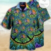 Hippie Hawaiian Shirt Peace Symbols Pattern Flower Green Hawaii Aloha Shirt