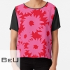 Hot Pink And Red Hand Painted Flower Pattern / Large Print Floral Motif Chiffon Top