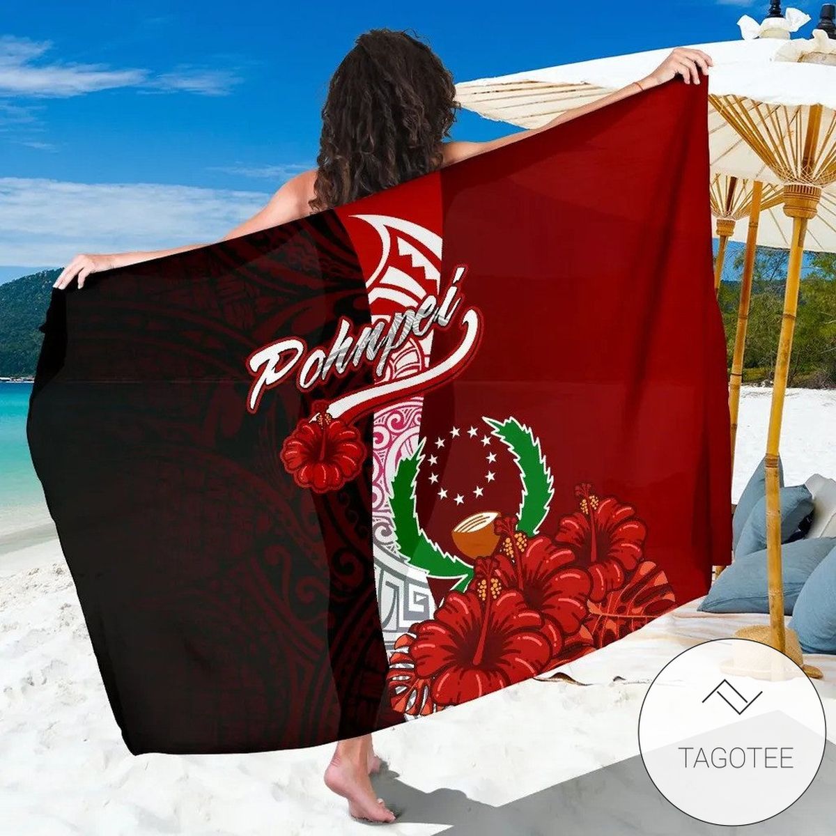 Pohnpei Micronesia Sarong Coat Of Arm With Hibiscus Hawaiian Pareo Beach Wrap