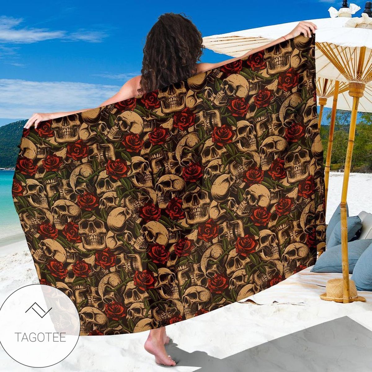 Skull Roses Vintage Design Themed Print Sarong Womens Swimsuit Hawaiian Pareo Beach Wrap