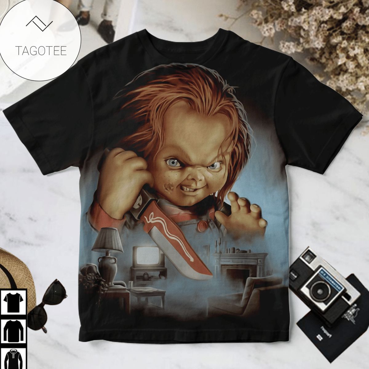 Child's Play Chucky Holding A Knife Black Shirt