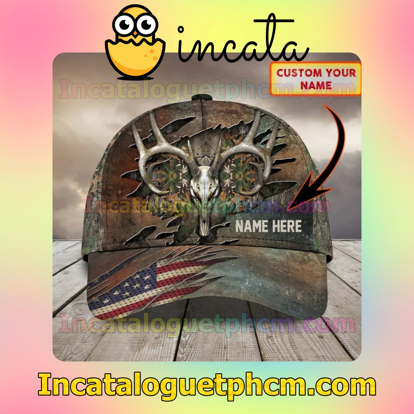 Personalized Deer Hunting Skull American Flag Torn Classic Hat Caps Gift For Men