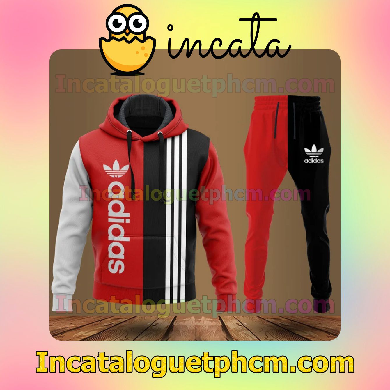 Adidas Black And Red With White Vertical Stripes Zipper Hooded Sweatshirt And Pants