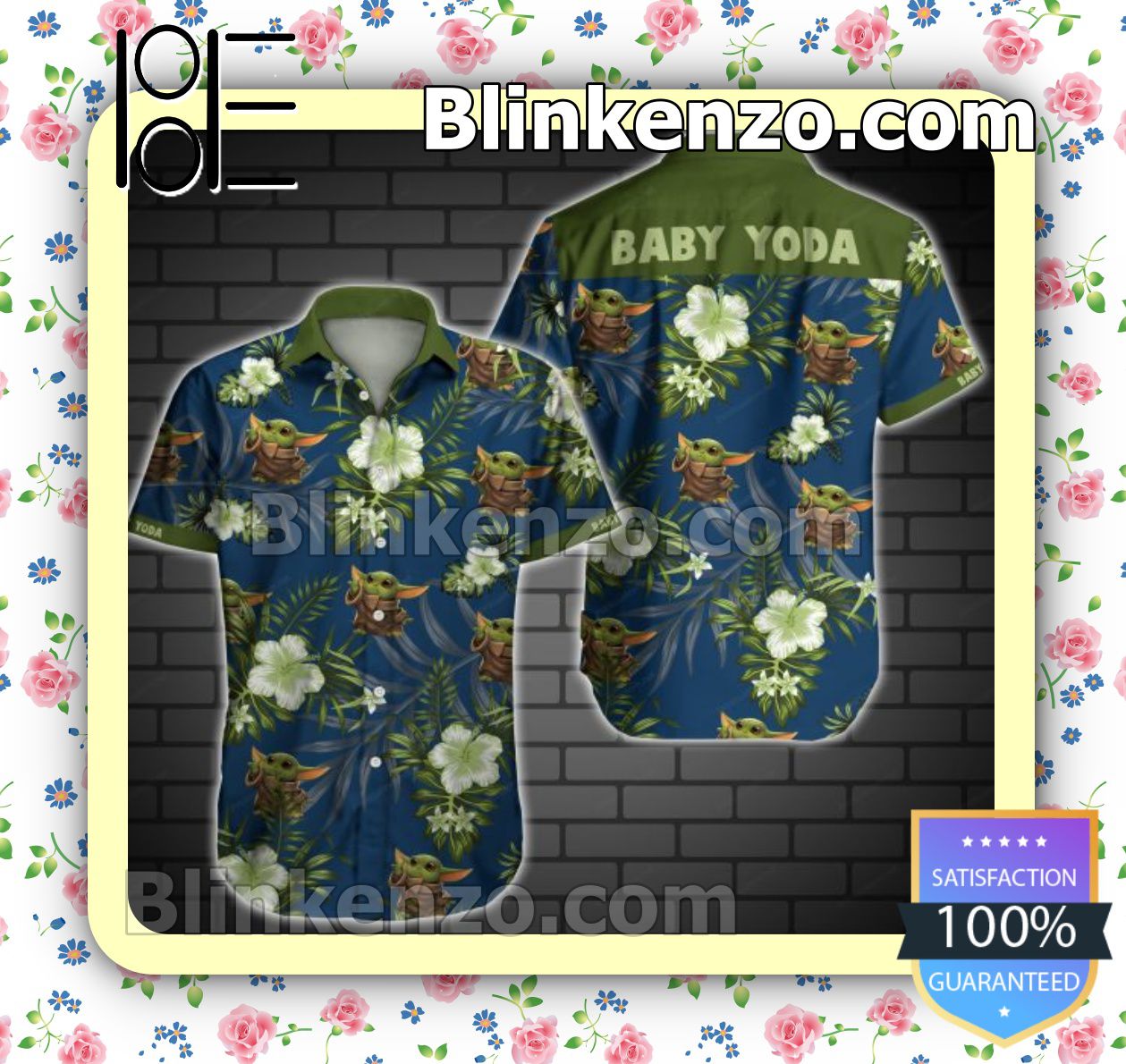 Baby Yoda Green Tropical Floral Navy Summer Shirts