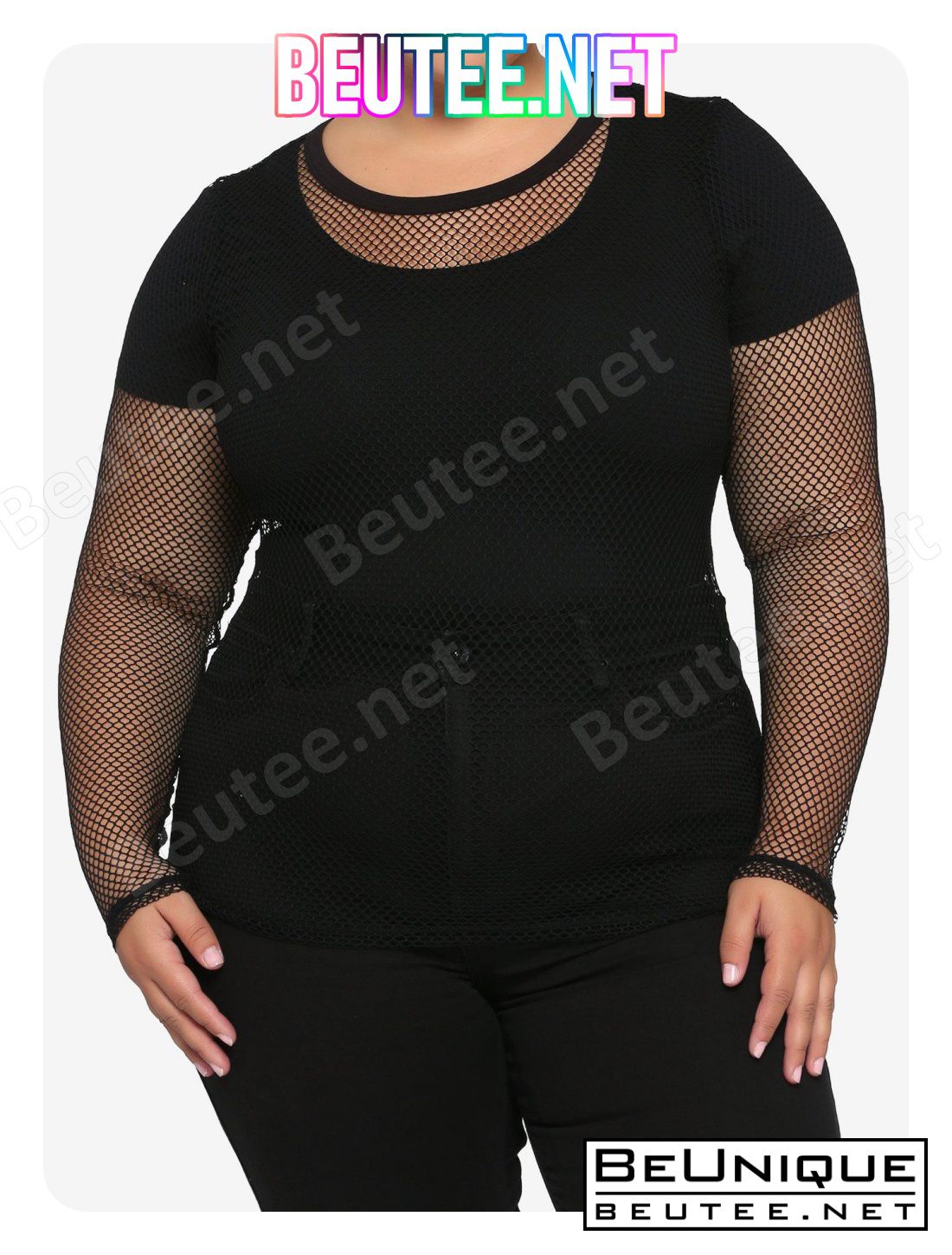 Black Fishnet Mesh Girls Long-Sleeve Top Plus Size