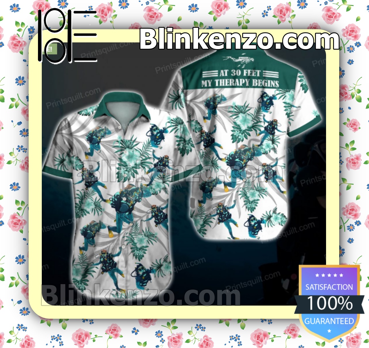 Dive Lovers At 30 Feet My Therapy Begins Green Tropical Floral White Summer Shirts