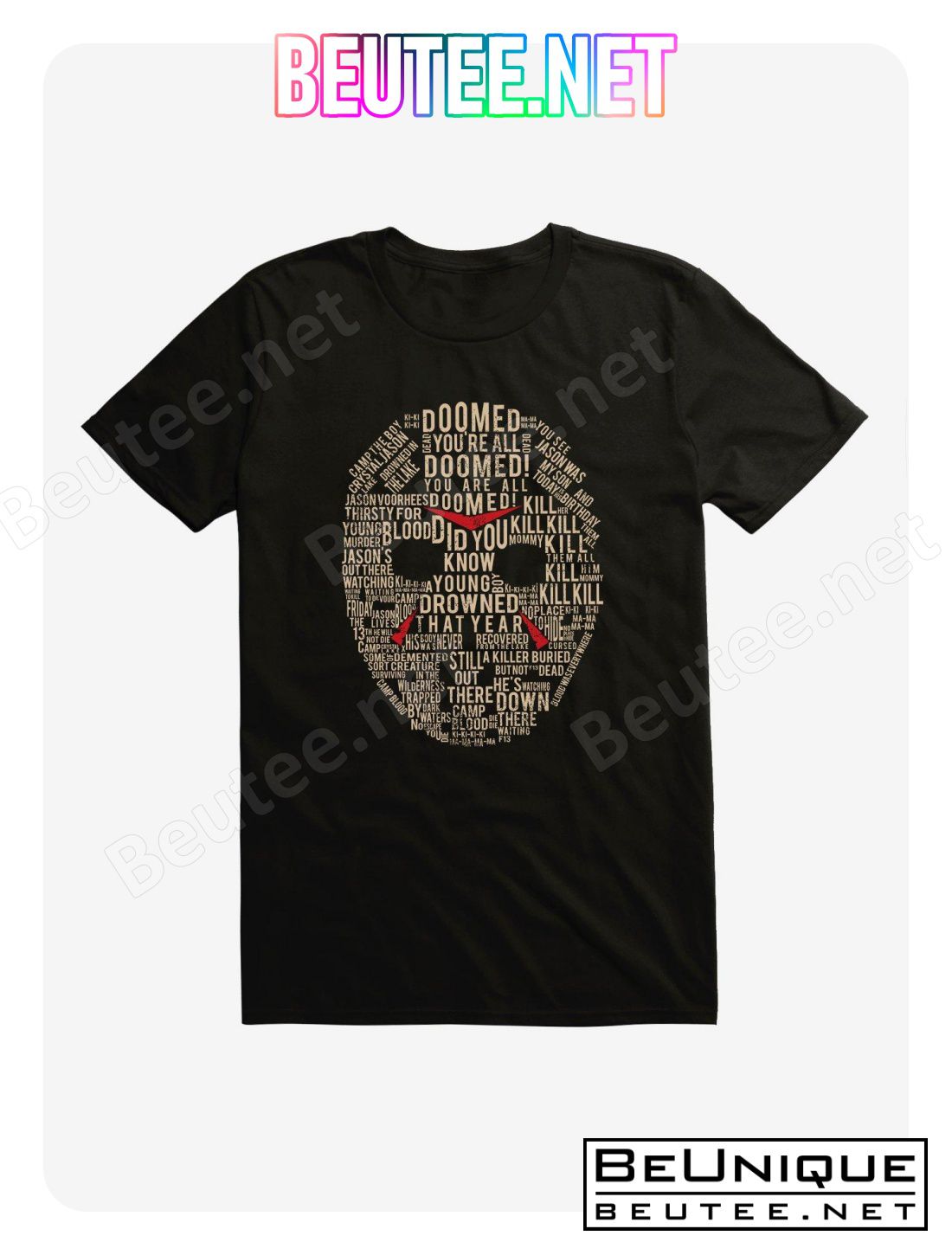 Extra Soft Friday The 13th Mask Word Collage T-Shirt