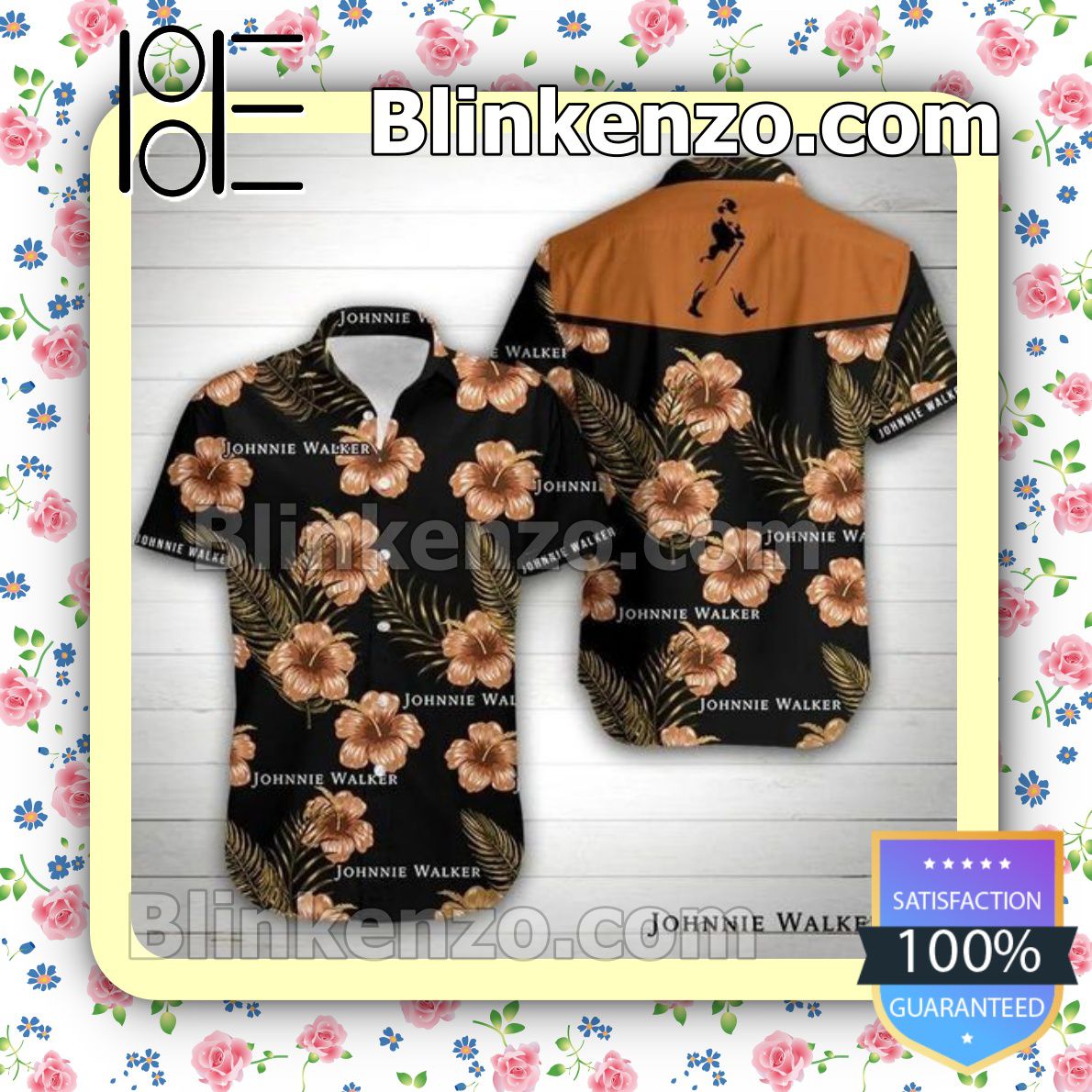 Johnnie Walker Brown Hibiscus Flowers Black Summer Shirts