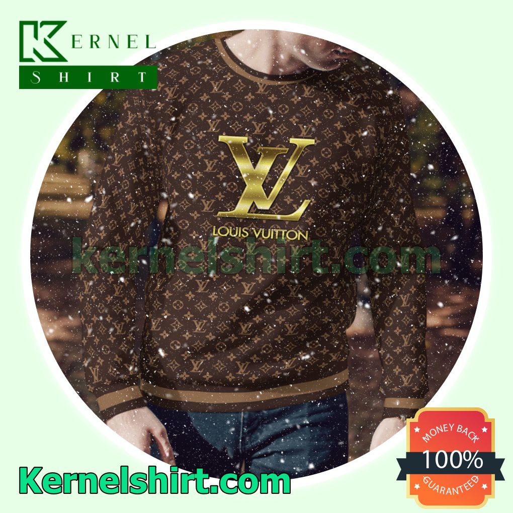 Louis Vuitton Dark Brown Monogram With Gold Logo Center Knitted Ugly Sweater Christmas