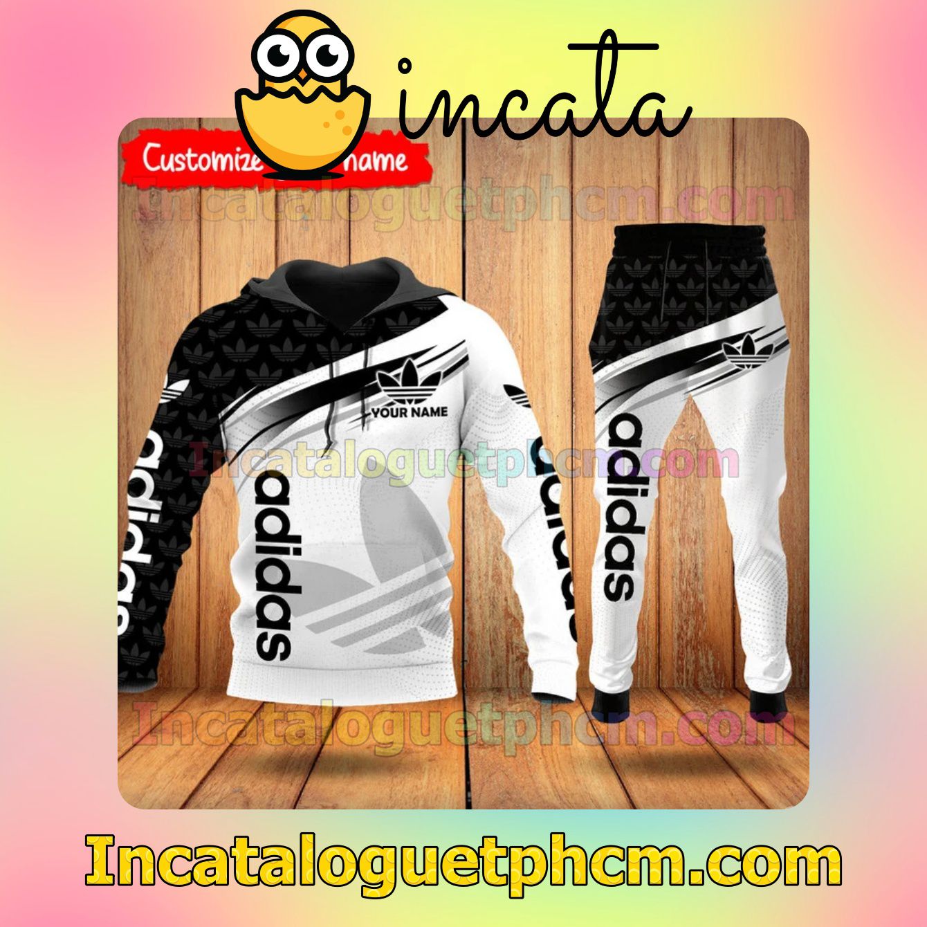 Personalized Adidas Brand Logo Print Black And White Zipper Hooded Sweatshirt And Pants