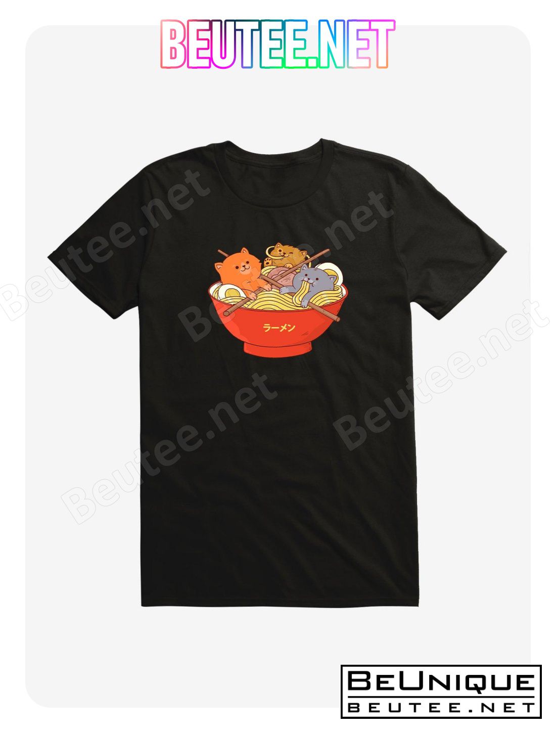 Ramen And Cats Black T-Shirt